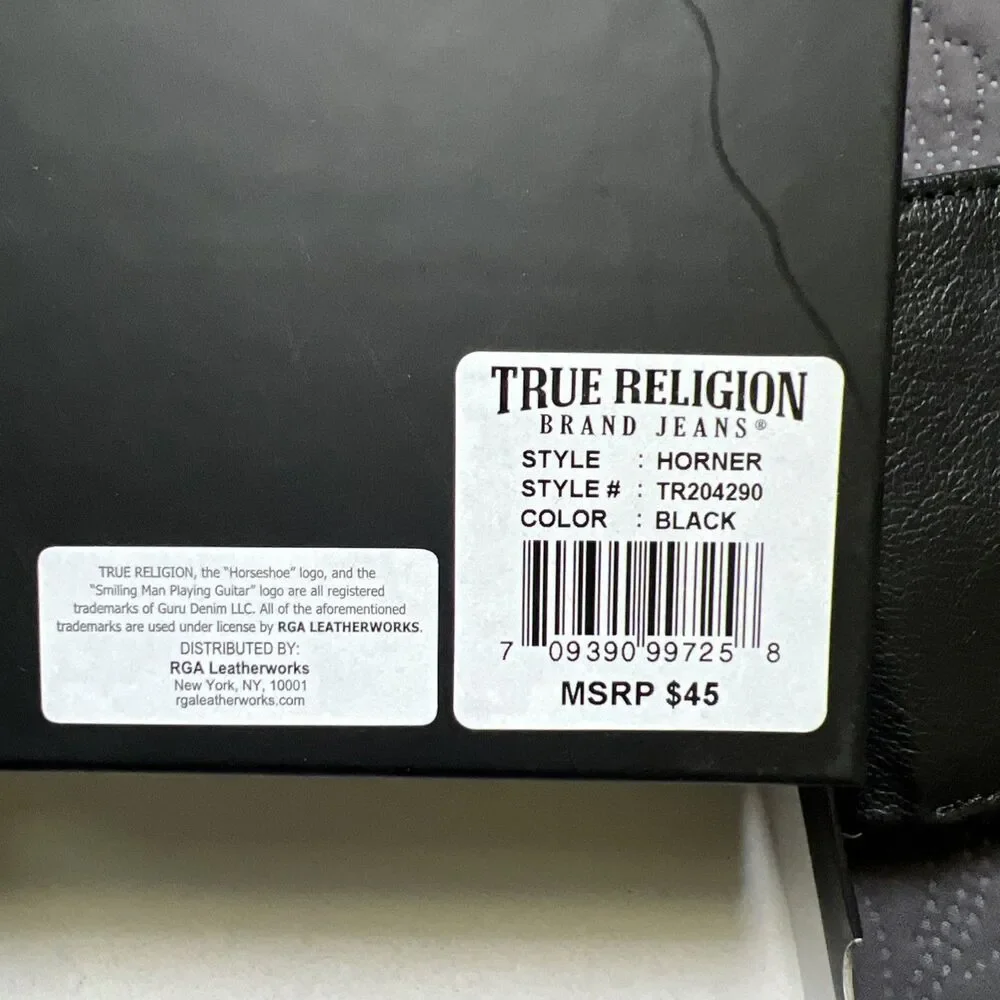 True Religion Genuine Leather Black Bifold Logo Wallet Card Holder RFID NWT Gift